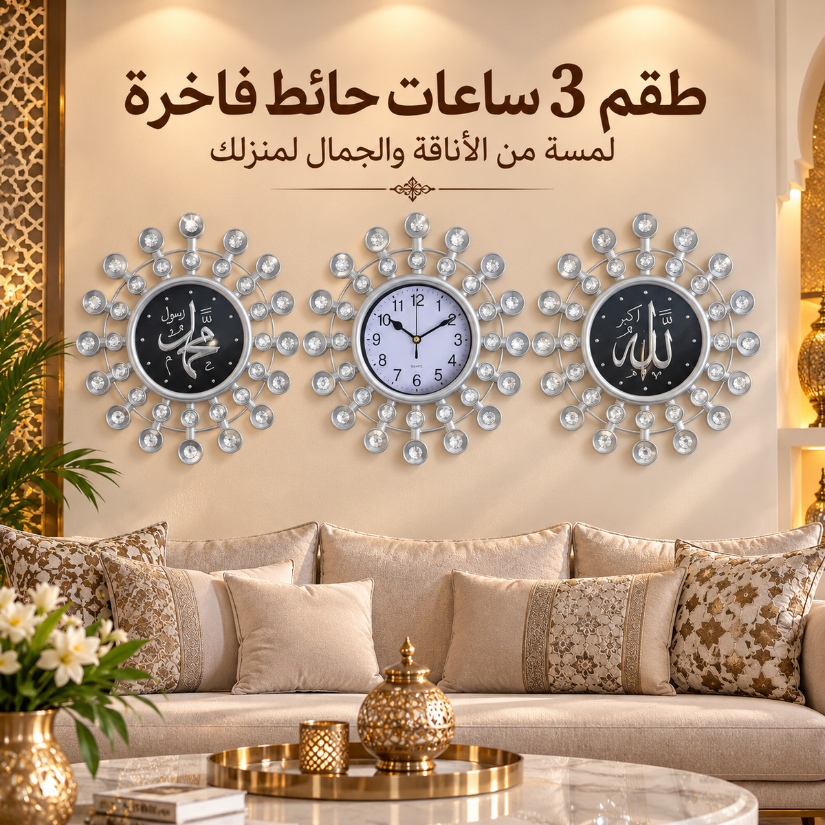 طقم 3 ساعات حائط فاخرة بالخط العربي – 4 تصاميم ولونان
