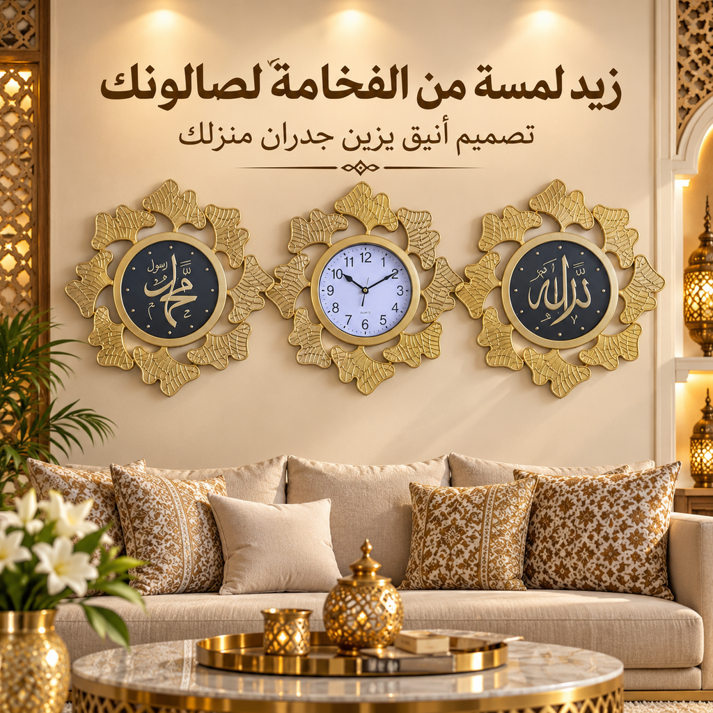 طقم 3 ساعات حائط فاخرة بالخط العربي – 4 تصاميم ولونان