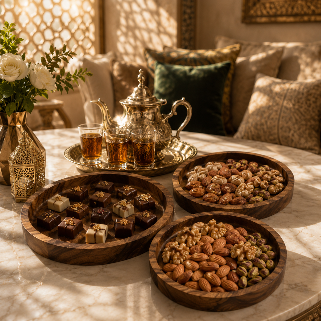 طقم صحون تقديم فاخر من خشب الكرڭاع الطبيعي | 3 قطع يدوية الصنع للضيافة المغربية