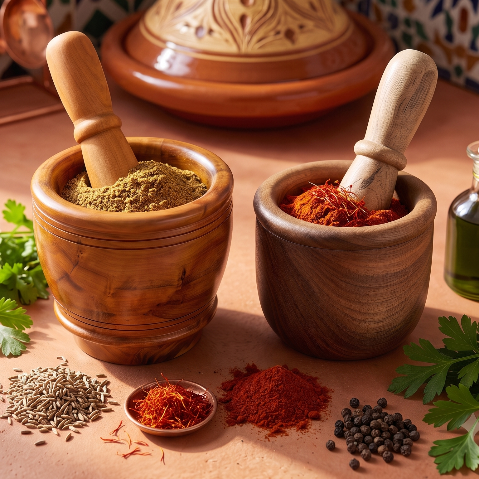 هاون ومدقة خشبية يدوية – طقم من خشب العرعار الطبيعي وخشب الكرڭاع الفاخر